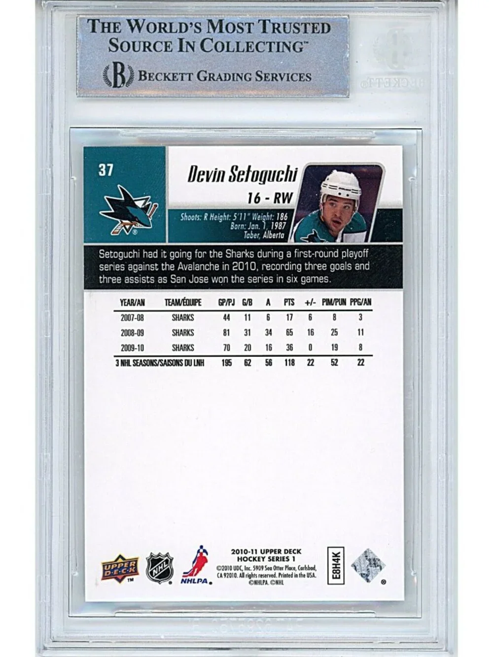Devin Setoguchi Signed 2010-11 Upper Deck Hockey Card Sharks Beckett Autograph